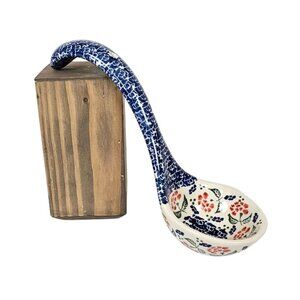 Polish Pottery Hand-Painted Floral Ceramic Ladle Blue Red 12" Long Vtg Soup